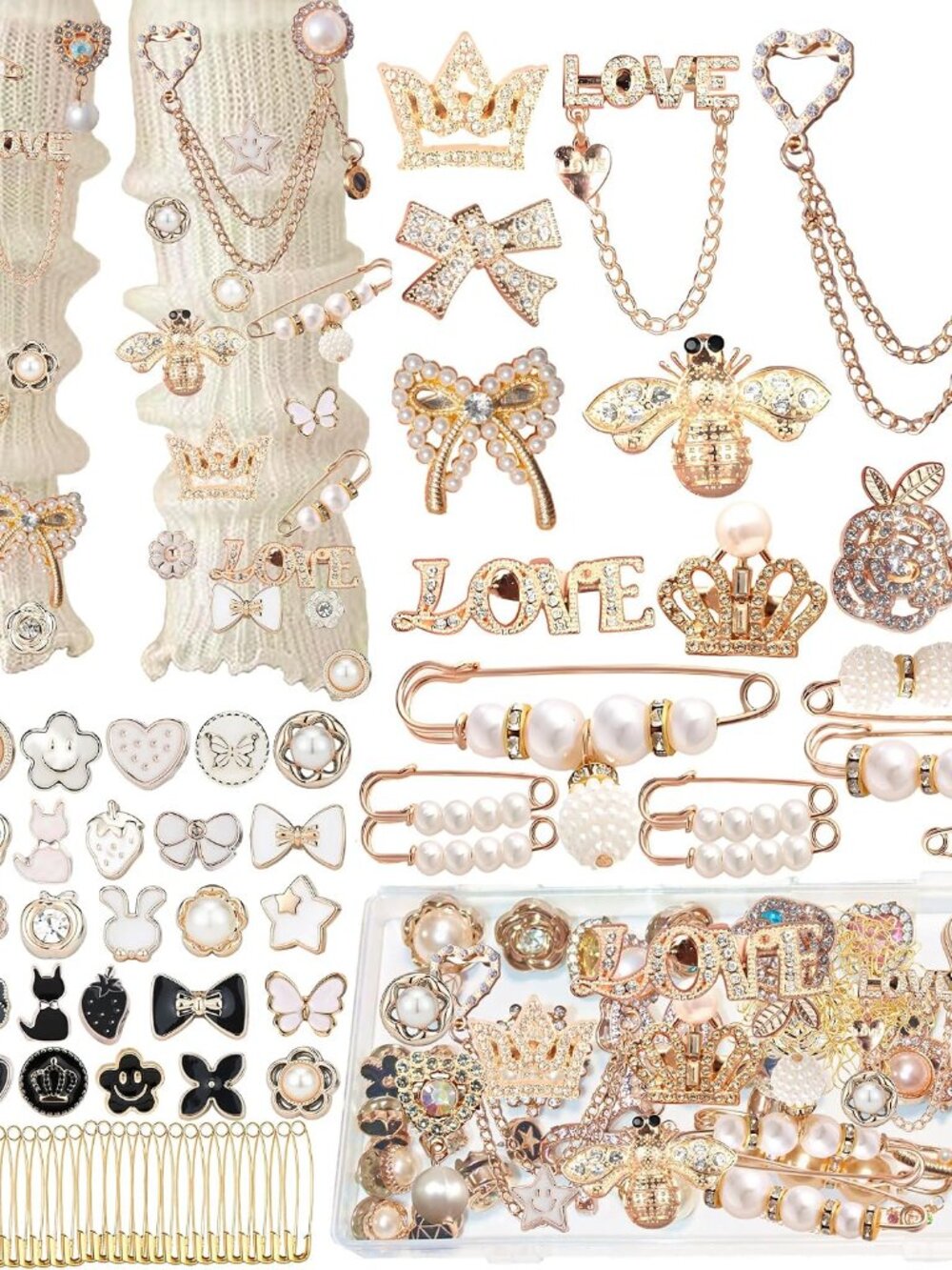 Junk Sock Charms Kit, Brooches and Pins for Women, Bag Charms Safety Pins